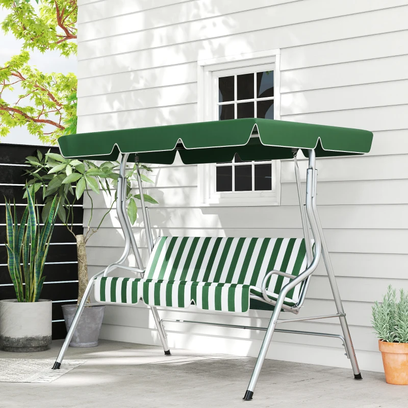 Outsunny 3-Person Porch Swing with Canopy Outdoor Patio Swing Chair for Adults, Steel Frame, Cushions, Armrests, Green