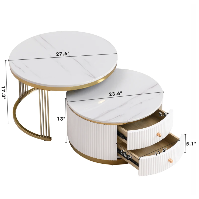 Modern Round Nesting Coffee Table Set with Drawers, MDF Top and Gold Legs, 2 Piece Set, 27.5" L x 27.5" W x 17.5" H, White+Gold