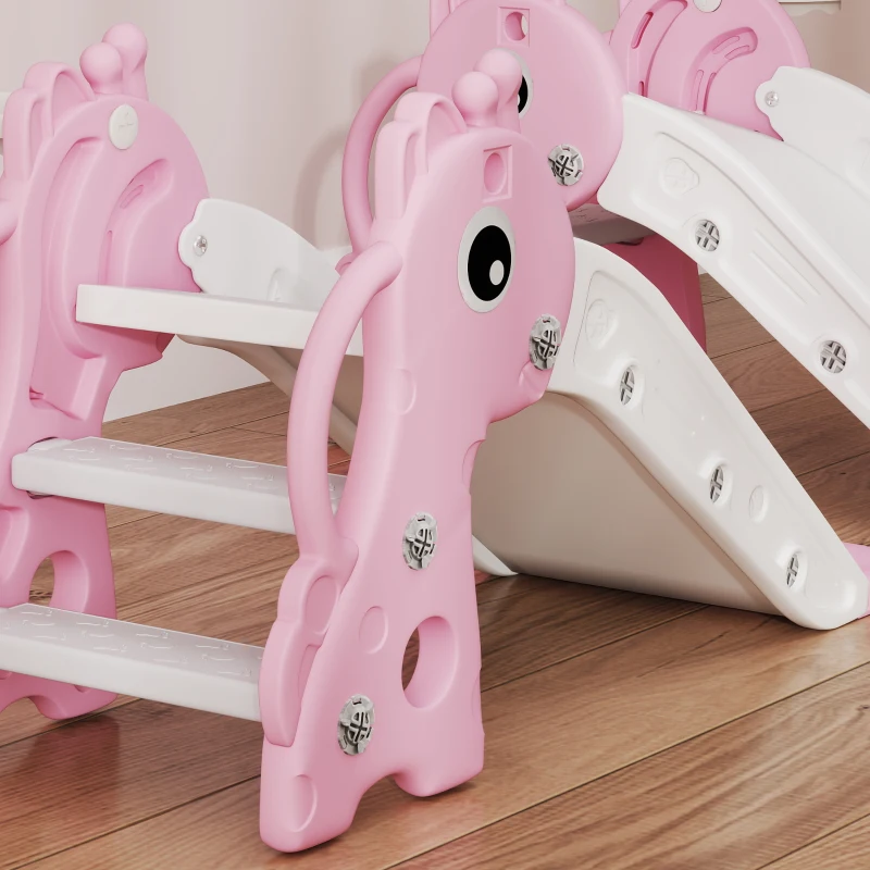 Qaba 3 in 1 Toddler Slide for Age 1-3, Kids Slide with Climber, Basketball Hoop and Ball, Giraffe Design, Pink