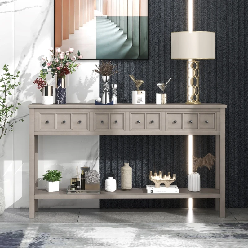 Rustic Entryway Console Table with Two Size Drawers, Bottom Shelf, Distressed Finish, Solid Timber Frame, 60" L x 11" W x 34" H, Gray