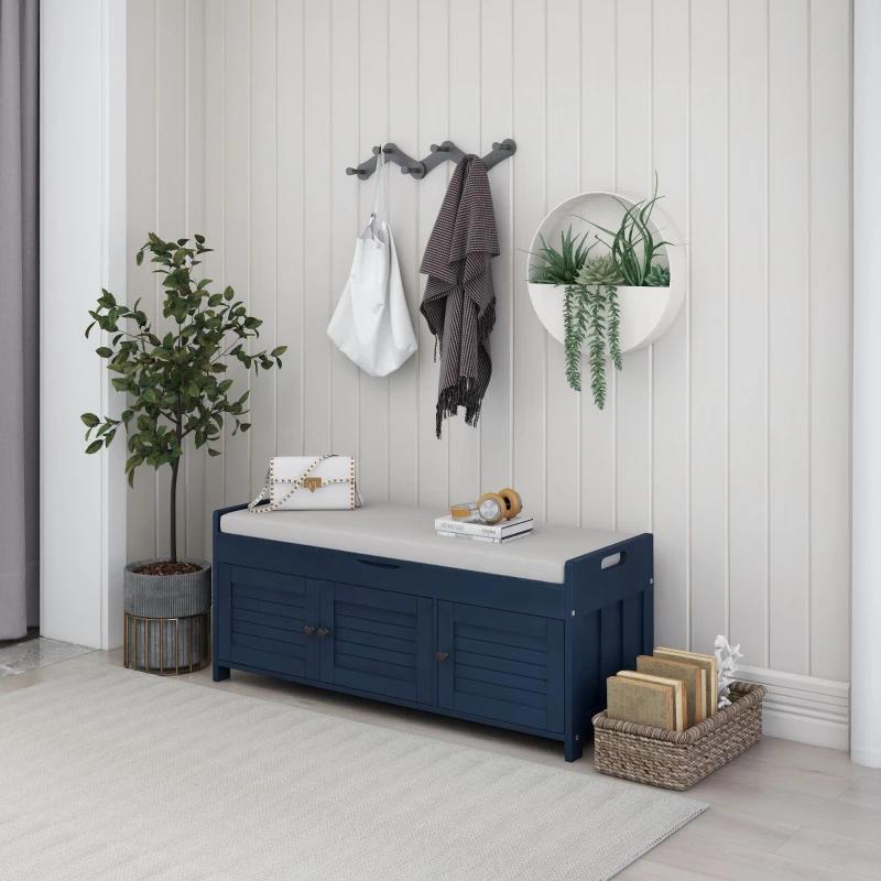 Rustic Storage Bench with Shutter-shaped Doors, Hidden Storage and Removable Cushion, 43.5" L x 16 " W x 18" H, Antique Navy