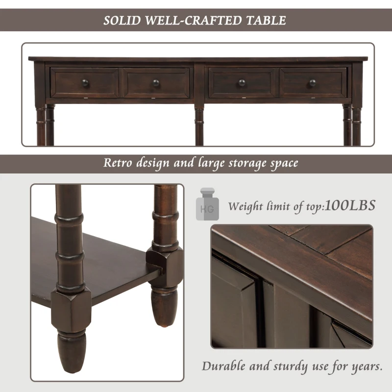 Console Table with Two Storage Drawers and Bottom Shelf, Easy Assembly, Solid Wood Frame, 58" L x 11" W x 34" H, Dark Brown