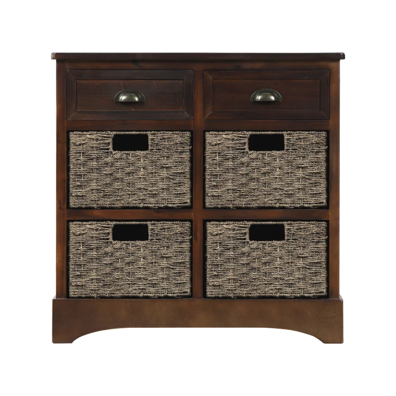 Rustic Storage Cabinet with Two Drawers and Four Rattan Baskets, Modern Farmhouse Style, Acacia Wood Frame, 28" L x 12" W x 28" H, Brown