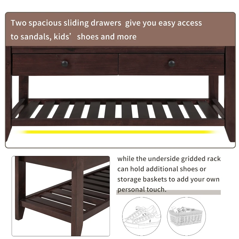 Shoe Rack with Cushioned Seat and Drawers, Pine Wood Construction, Multipurpose Entryway Storage Bench, 39" L x 14" W x 20" H, Dark Brown