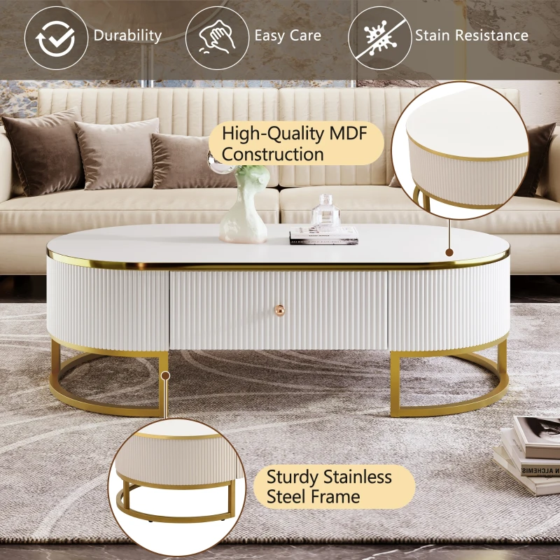 Modern High-Gloss Oval Coffee Table with Storage Drawers, Gold Lacquered Metal Base, Curved Design, 47" L x 23.5" W x 14.5" H, White+Gold
