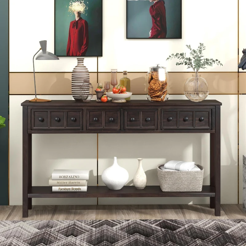 Rustic Entryway Console Table with Two Size Drawers, Bottom Shelf, Solid Timber Frame, Distressed Finish, 60" L x 11" W x 34" H, Dark Brown