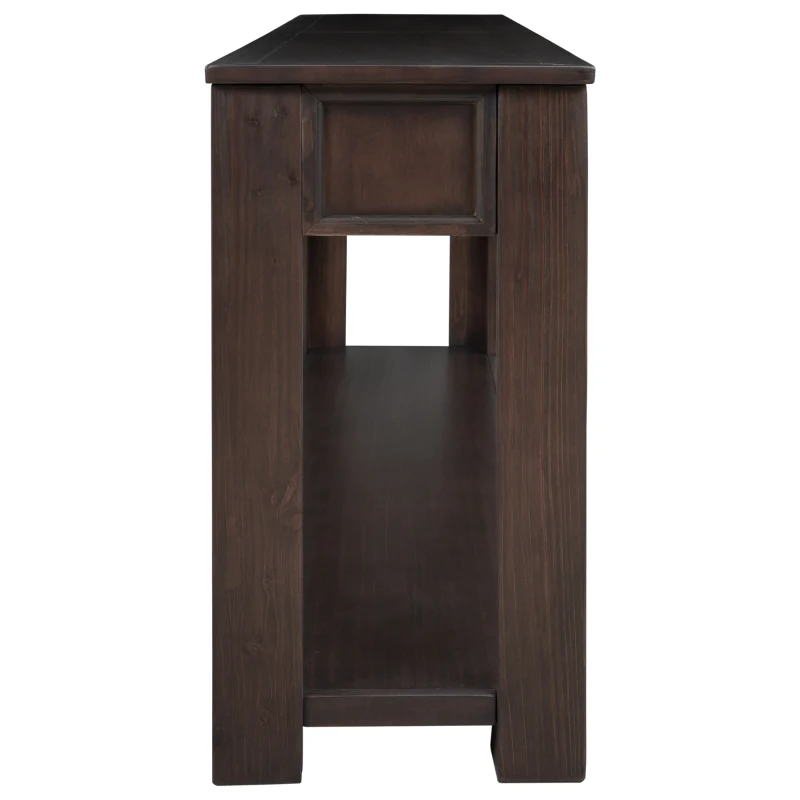 Rustic Chic Console Table with 4 Storage Drawers, Bottom Shelf, Solid Wood Frame, All Tools Included, 63" L x 14" W x 30" H, Dark Brown