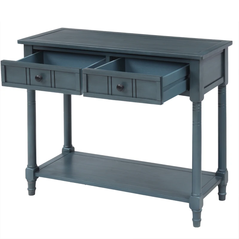 Daisy Series Console Table, Traditional Design with Two Drawers and Bottom Shelf, Pine Wood Frame, 35.5" L x 14" W x 30" H, Navy