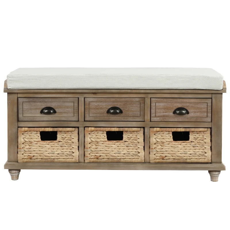 Rustic Storage Bench with 3 Drawers and Rattan Baskets, Acacia Wood Shoe Bench for Entryway, 42" L x 15.5" W x 19" H, White+Wood