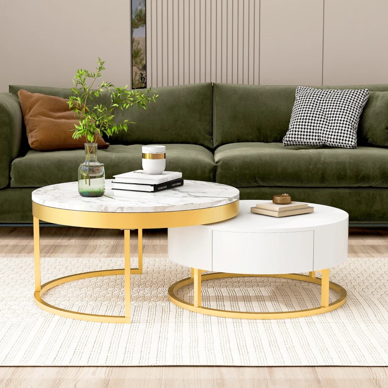 Modern Round Nesting Coffee Table with Drawers, MDF and Metal Pedestal Base, Durable Construction, 31.5" L x 31.5.5" W x 17" H, Gold+White