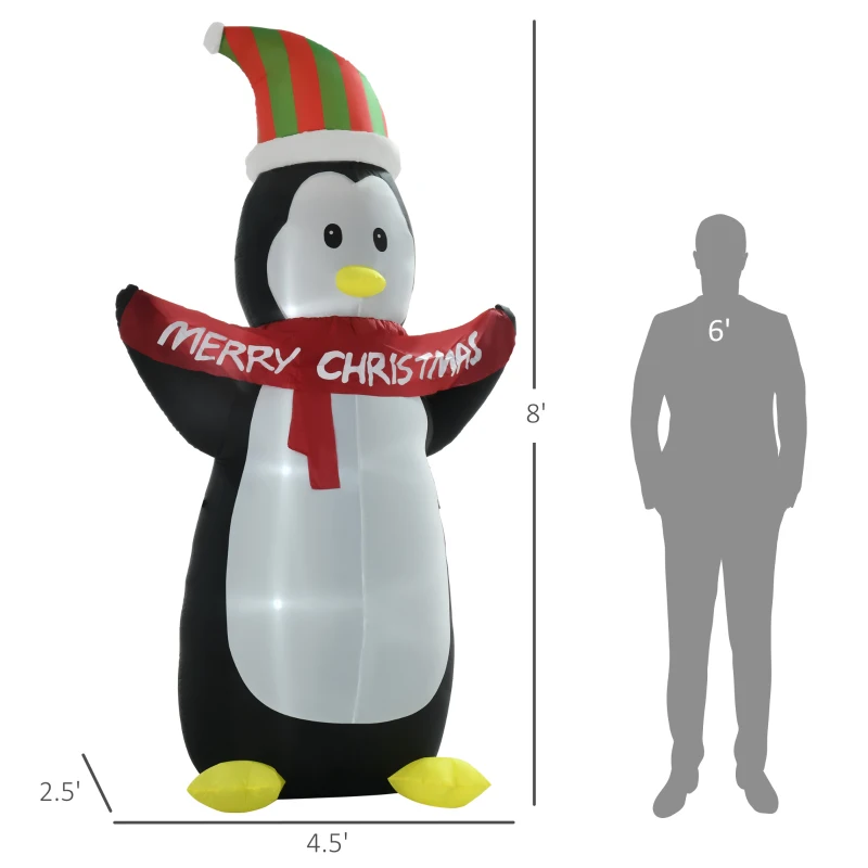 HOMCOM 8ft Christmas Inflatables Outdoor Decorations Penguin with Merry Christmas Banner, Blow-Up Yard Christmas Decor with LED Lights Display