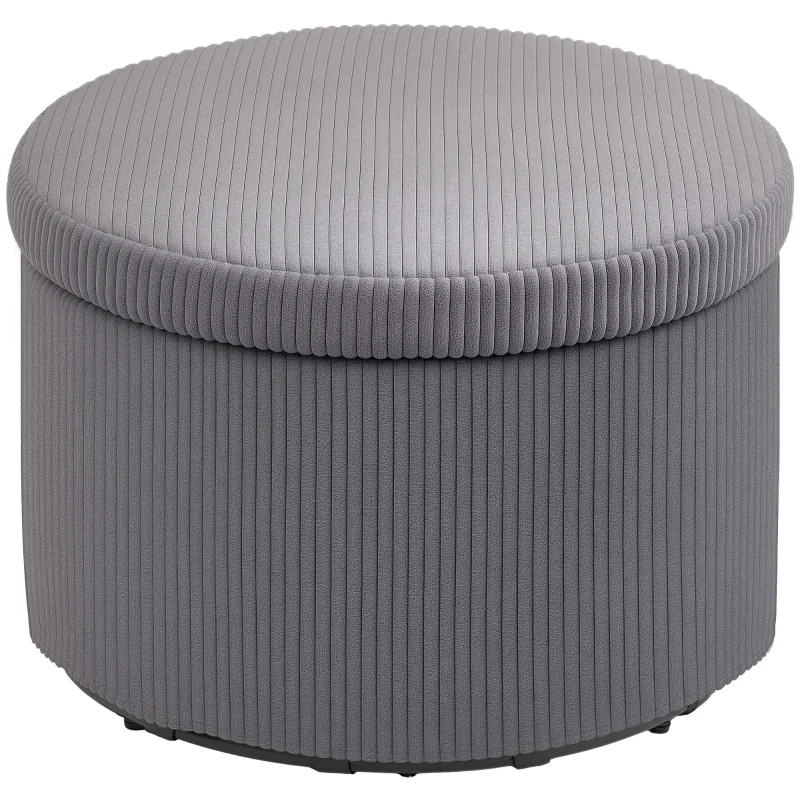 HOMCOM 24 Inches Round Storage Ottoman Stool with Lid, Upholstered Corduroy Foot Rest for Living Room, Bedroom, Gray