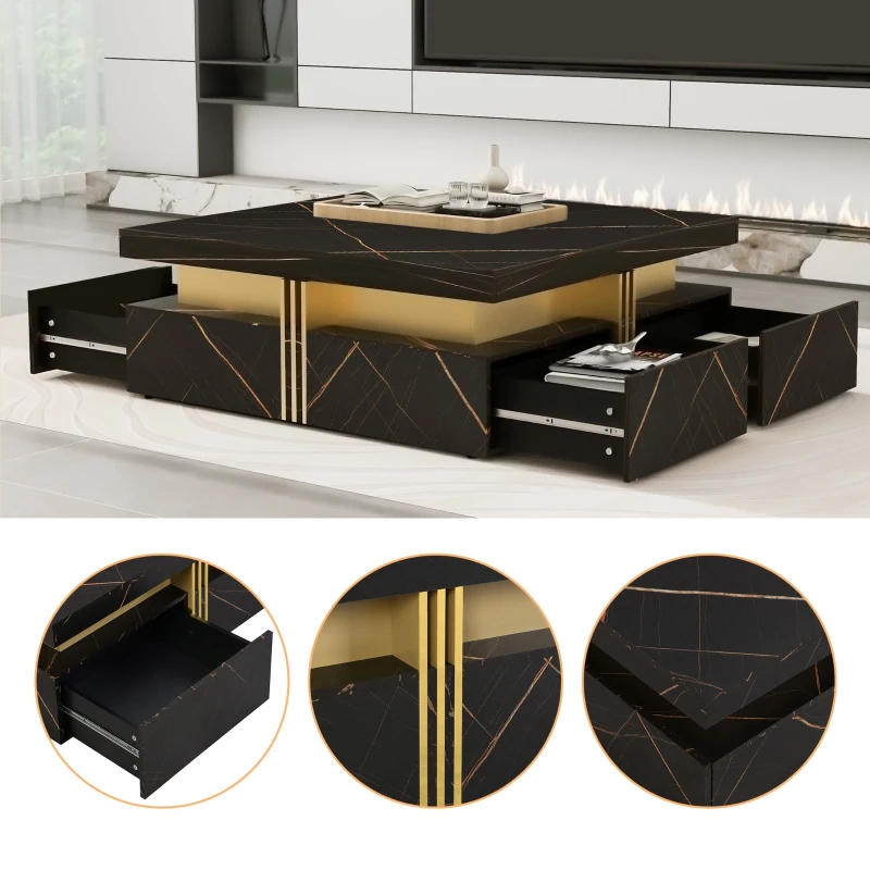 Modern Square Storage Coffee Table with 4 Functional Drawers, MDF Construction, Gold Accents, 43.5" L x 43.5" W x 16.5" H, Black+Gold