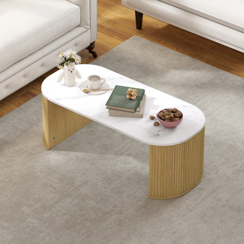 HOMCOM Coffee Table, Modern Marble-Effect Living Room Table with Round Corners and Thicken Legs, Natural Wood