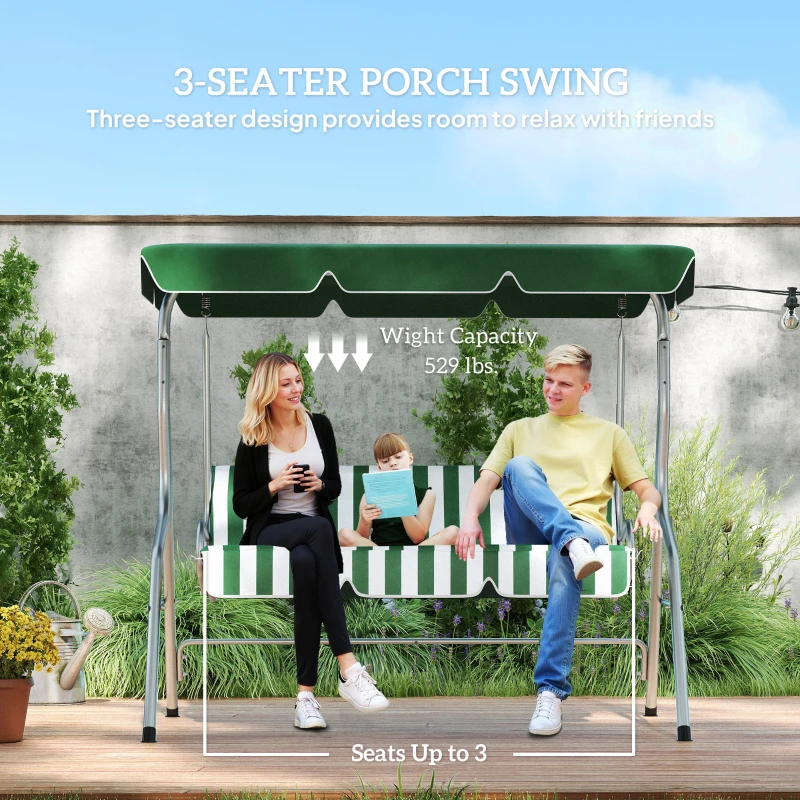 Outsunny 3-Person Porch Swing with Canopy Outdoor Patio Swing Chair for Adults, Steel Frame, Cushions, Armrests, Green
