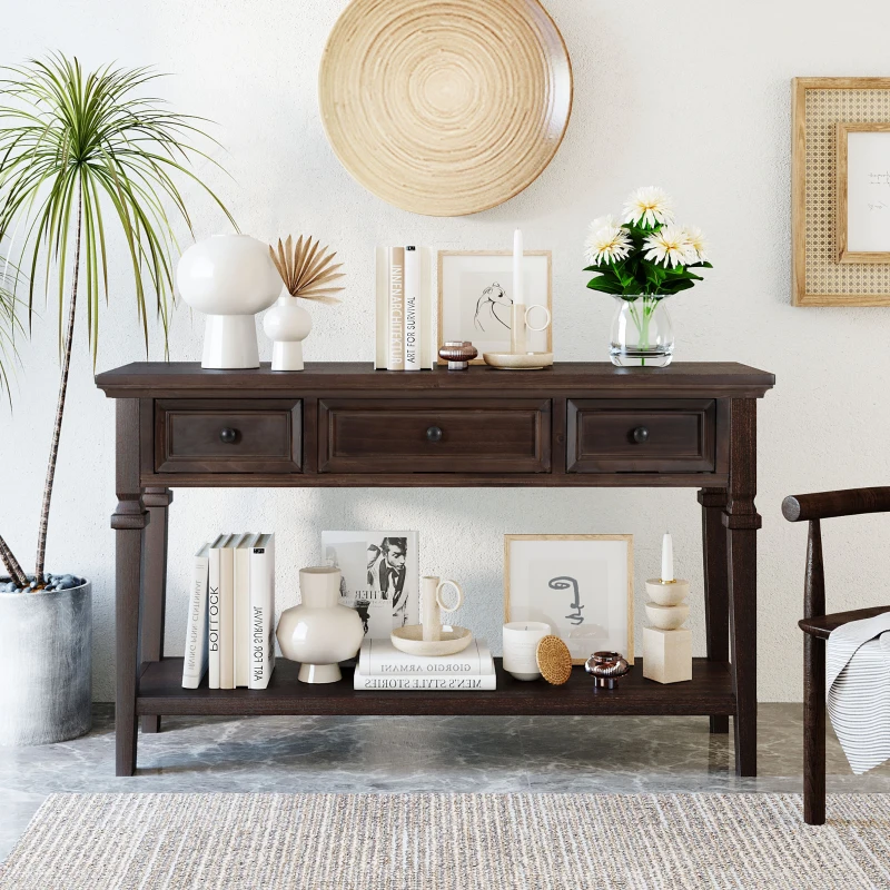 Classic Retro Console Table with 3 Drawers, Open Shelf, Pine Wood Frame, Perfect for Entryway, Living Room, 50" L x 15" W x 30" H, Dark Brown