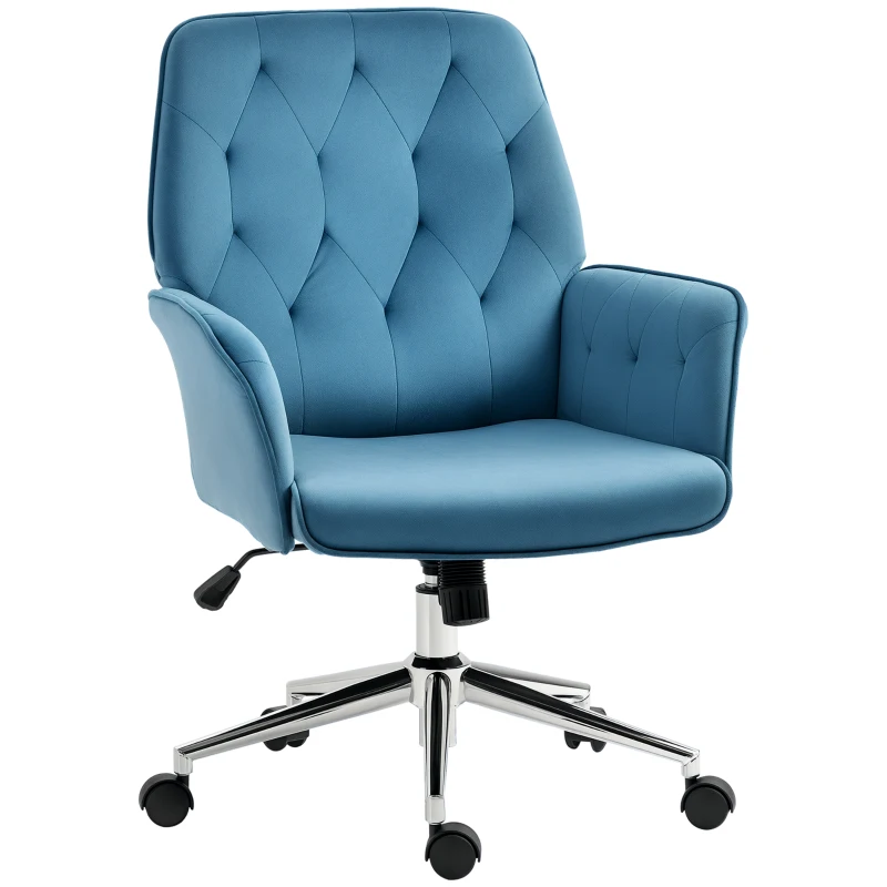 Vinsetto Velvet Home Office Chair, Tufted Height Adjustable Computer Desk Chair with Swivel Wheels and Padded Armrests, Blue
