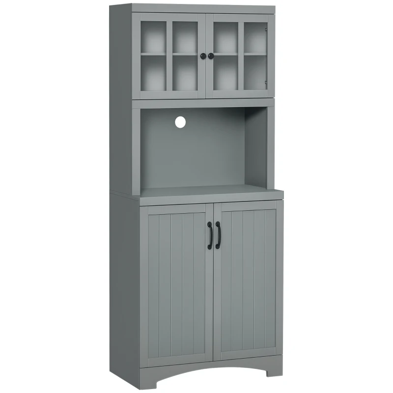 HOMCOM Kitchen Hutch, 70" Pantry Cabinet with Glass Framed Door, Storage Cabinet with Adjustable Shelves and Microwave Space for Dining Room, Gray