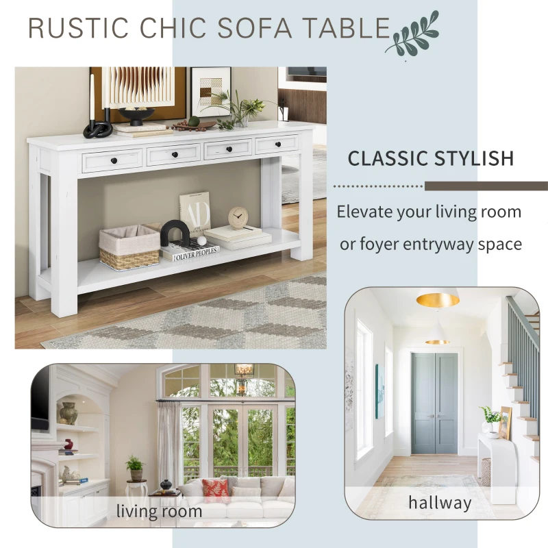 Rustic Chic Console Table with 4 Storage Drawers, Bottom Shelf, Solid Wood Frame, Ideal for Entryway, Hallway, 63" L x 14" W x 30" H, White