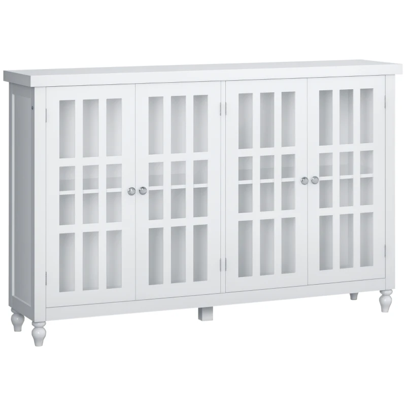 HOMCOM Sideboard, Buffet Cabinet with 4 Tempered Glass Doors, Stripe Pattern and Adjustable Storage Shelf, Credenza, White