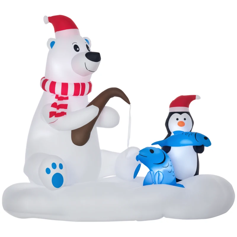 Outsunny 6ft Christmas Inflatables Outdoor Decorations Polar Bear and Penguin with Santa's Hat Fishing on Board, Blow-Up LED Yard Christmas Decor for Lawn Garden Party