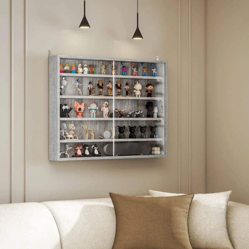 HOMCOM 5-Tier Display Cabinet, Shot Glass Display Case, Glass Curio Cabinet with 2 Glass Doors and 4 Adjustable Shelves, Grey