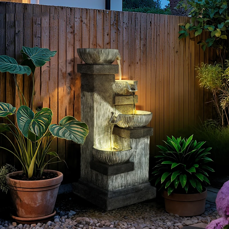 Outsunny 33.5" Water Fountain, 4-Tier Resin Cascading Bowls Outdoor Waterfall Fountain with LED Lights, Pump