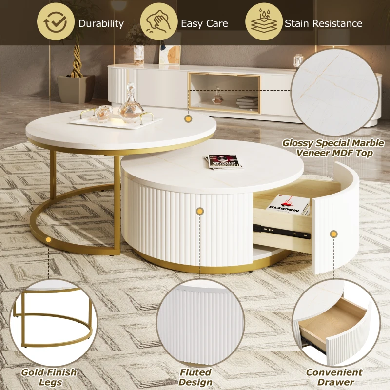Modern Round Nesting Coffee Table Set with Fluted Design, Storage Drawer, MDF Top and Metal Base, 27.5" L x 27.5" W x 16" H, White+Gold