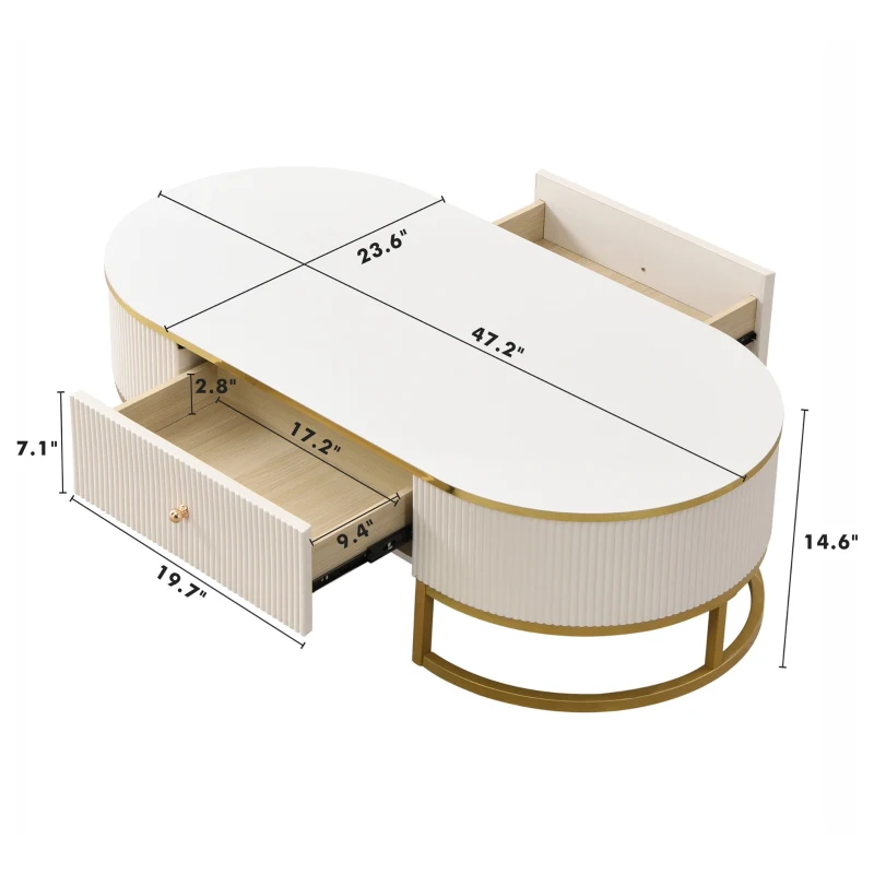 Modern High-Gloss Oval Coffee Table with Storage Drawers, Gold Lacquered Metal Base, Curved Design, 47" L x 23.5" W x 14.5" H, White+Gold
