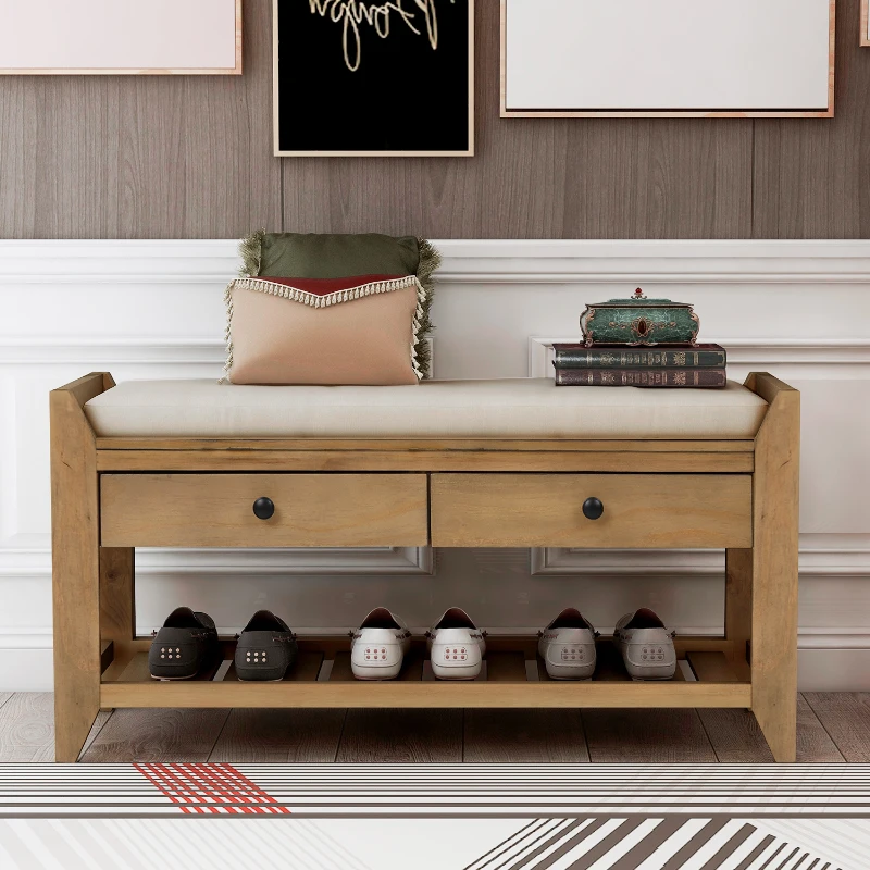 Shoe Rack with Cushioned Seat and Drawers, Matte Black Knobs, Multipurpose Entryway Storage Bench, 39" L x 14" W x 20" H, Natural