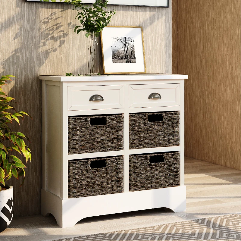 Rustic Storage Cabinet with Two Drawers and Four Rattan Baskets, Modern Farmhouse Style, Acacia Wood Frame, 28" L x 12" W x 28" H, White