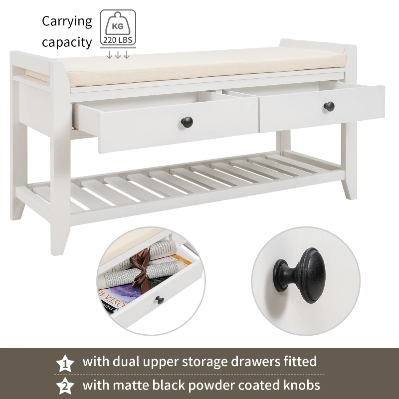 Multipurpose Entryway Storage Bench with Pine Wood Construction, Shoe Rack with Cushioned Seat and Drawers, 39" L x 14" W x 20" H, White