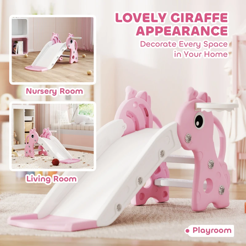 Qaba 3 in 1 Toddler Slide for Age 1-3, Kids Slide with Climber, Basketball Hoop and Ball, Giraffe Design, Pink