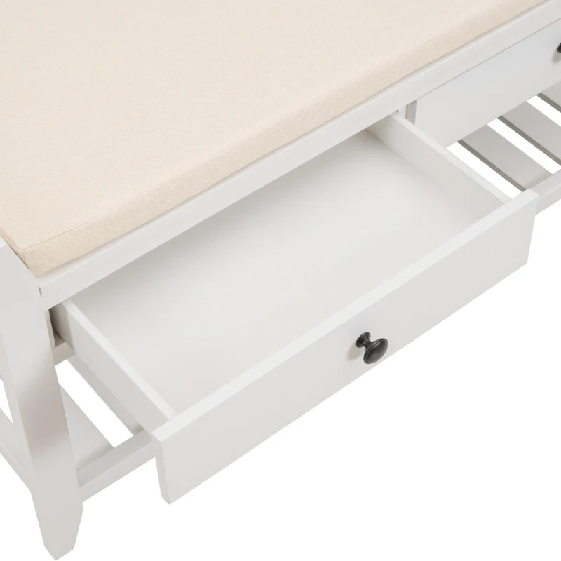 Multipurpose Entryway Storage Bench with Pine Wood Construction, Shoe Rack with Cushioned Seat and Drawers, 39" L x 14" W x 20" H, White