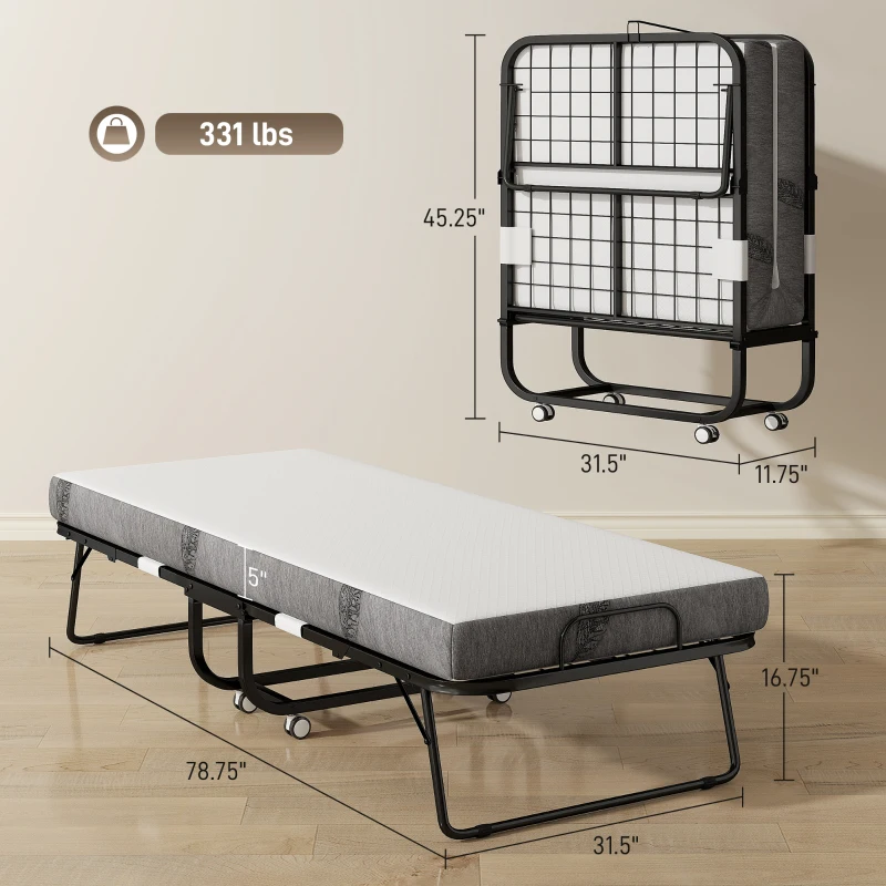 HOMCOM Folding Bed with Mattress for Adults, Single Size, Portable Foldable Bed with Memory Foam Mattress & Steel Frame, White