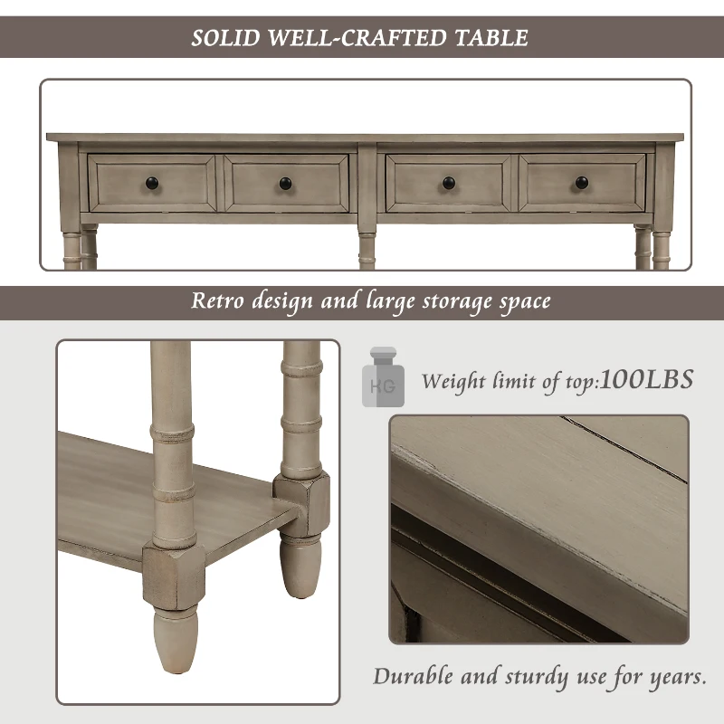 Console Table with Two Storage Drawers and Bottom Shelf, Solid Wood Frame, Easy Assembly, 58" L x 11" W x 34" H, Gray