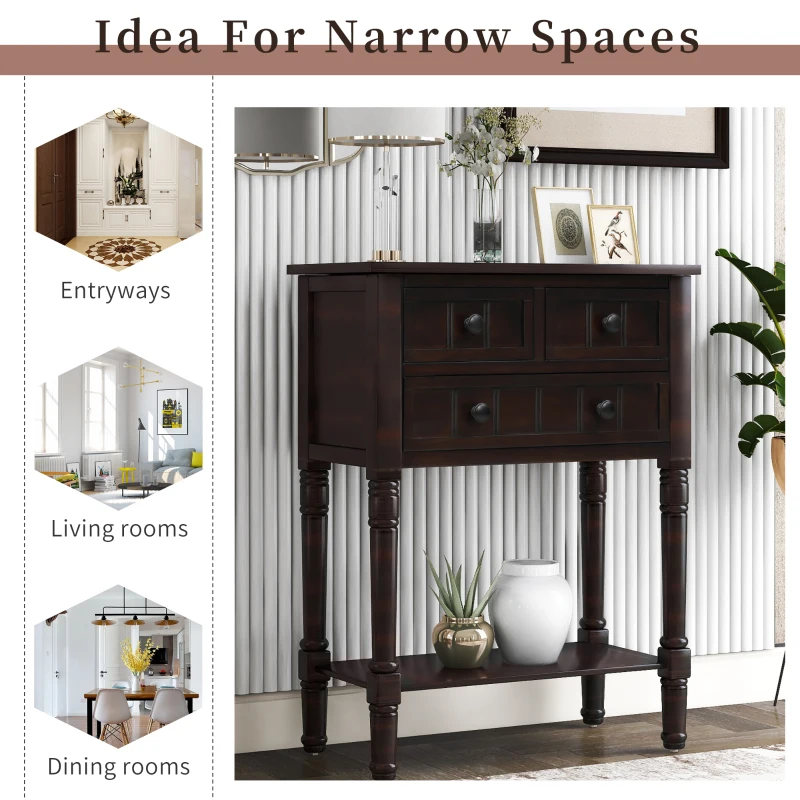 Narrow Console Table with 3 Storage Drawers, Bottom Shelf, Slim Sofa Table for Entryway, Living Room, 24" L x 13" W x 31" H, Dark Brown