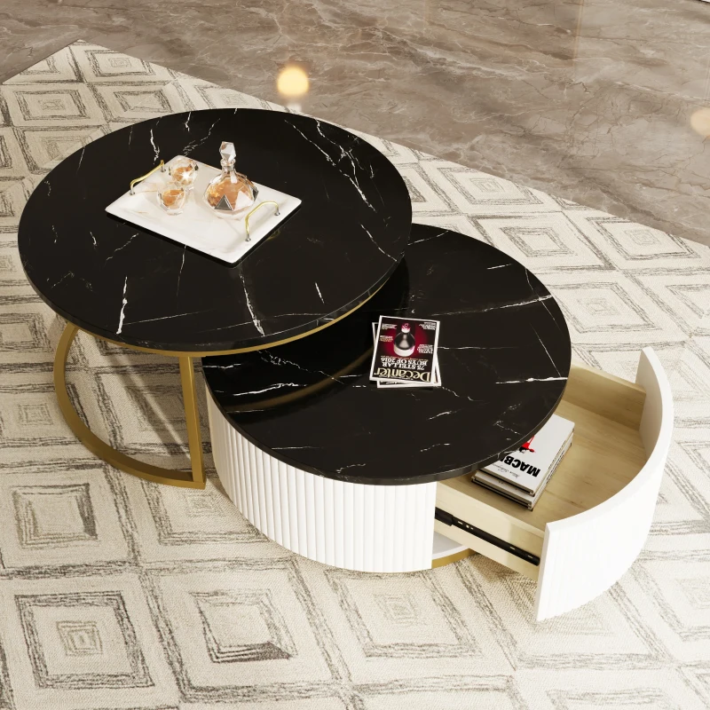 Modern Round Nesting Coffee Table Set with Storage Drawer, MDF Top and Metal Base, Fluted Design, 27.5" L x 27.5" W x 16" H, Black+Gold