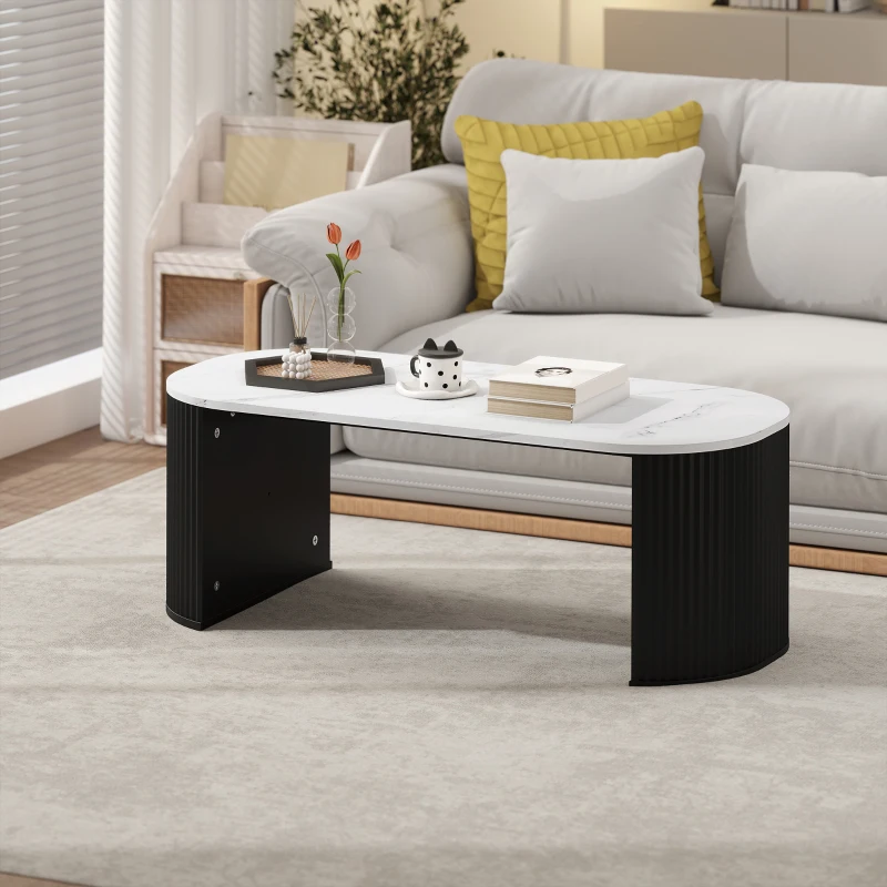 HOMCOM Coffee Table, Modern Marble-Effect Living Room Table with Round Corners and Thicken Legs, Black