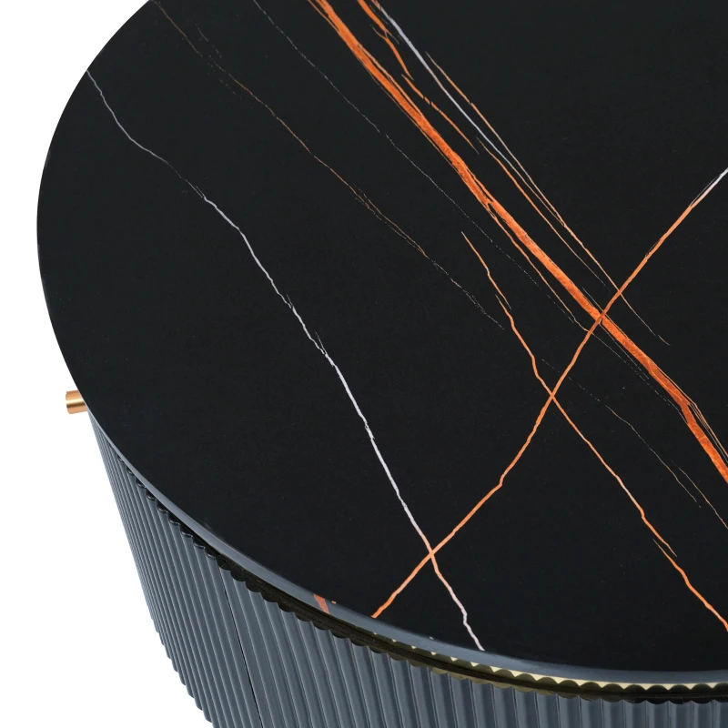 Modern Round Coffee Table with 2 Large Drawers, MDF Construction, Mrable Sofa Table with Golden Legs, 31.5" L x 31.5" W x 17" H, Black+Gold