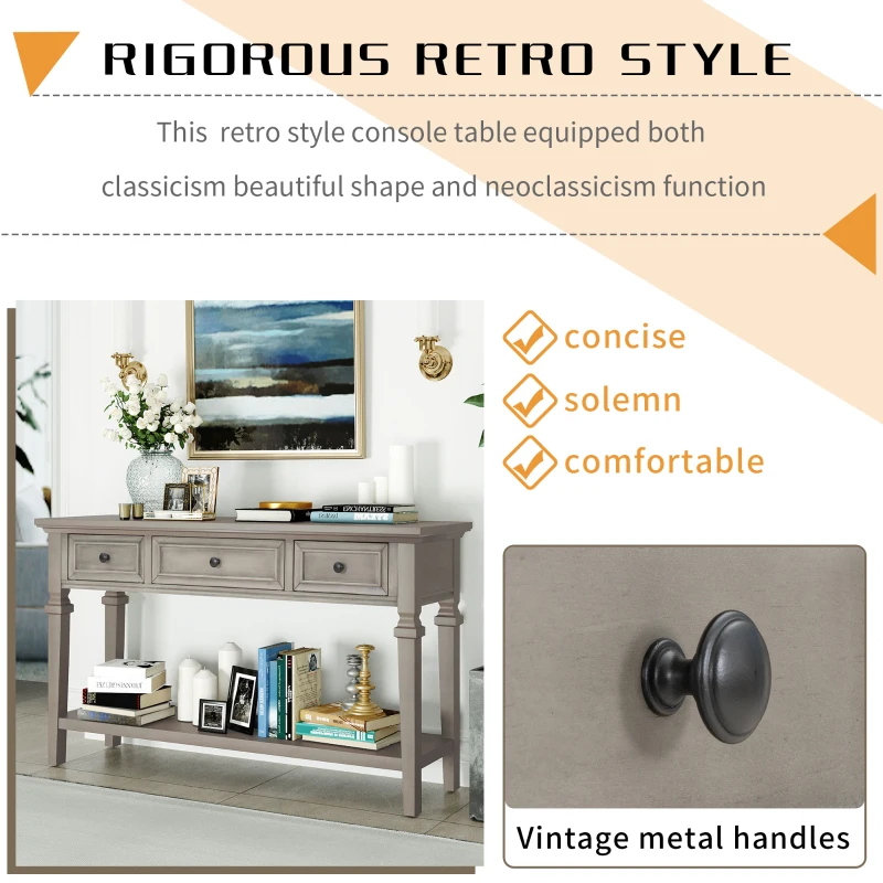 Classic Retro Console Table with 3 Drawers, Open Shelf, Vintage Metal Handles, Perfect for Entryway, Living Room, 50" L x 15" W x 30" H, Gray