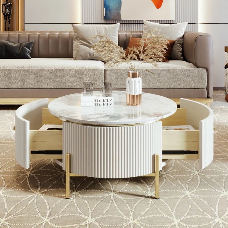 Modern Round Coffee Table with 2 Large Drawers, MDF Construction and Golden Legs, 31.5" L x 31.5" W x 17" H, Gold+White