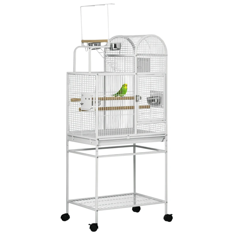 PawHut 55" Large Parrot Cage with Toy Hooks Above Top Bird Perch, Tray, Food Cups, Rolling Stand, Bird Cage for Cockatiels, Parakeets, Lovebirds