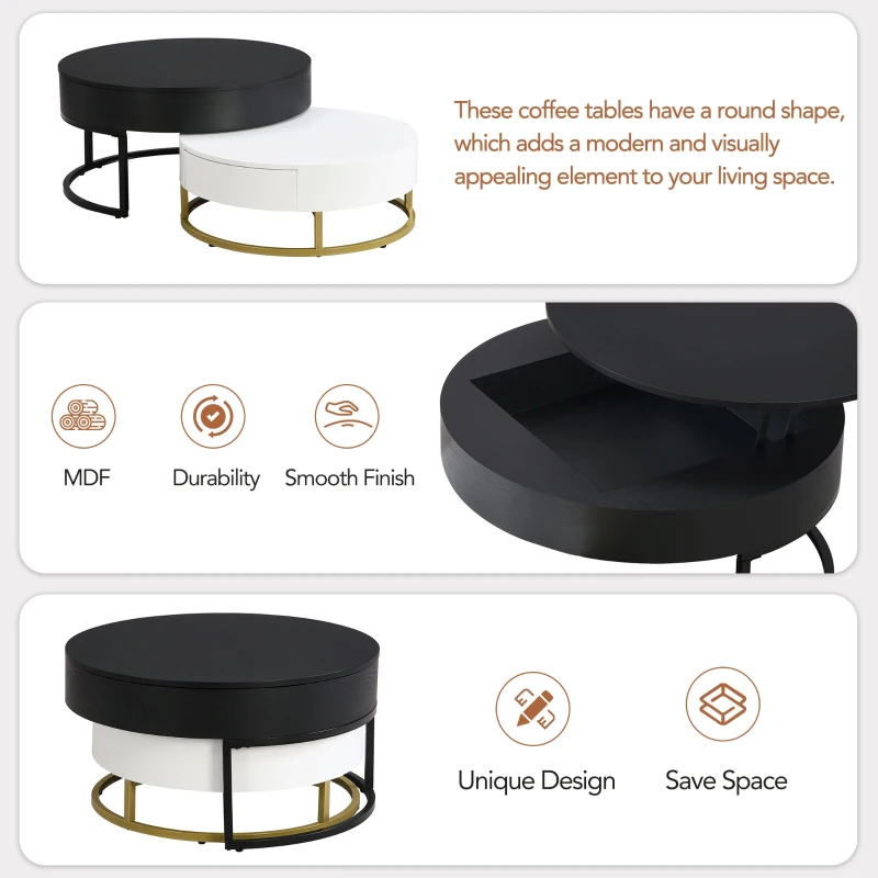 Modern Round Lift-top Nesting Coffee Tables with 2 Drawers, Space-saving Design, Storage Solutions, 31.5" L x 31.5.5" W x 22.5" H, White+Black