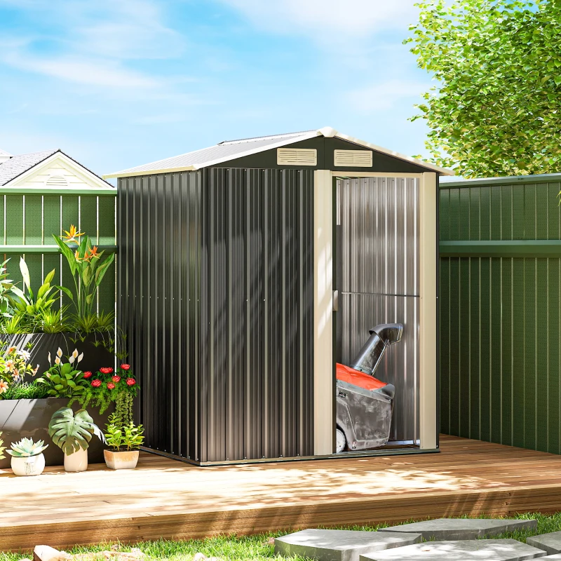 Outsunny 5ft x 4ft Garden Metal Storage Shed, Tool Storage Shed with Top Vents, Sliding Door, Sloped Roof and Foundation Kit for Garden, Patio, Lawn, Dark Grey