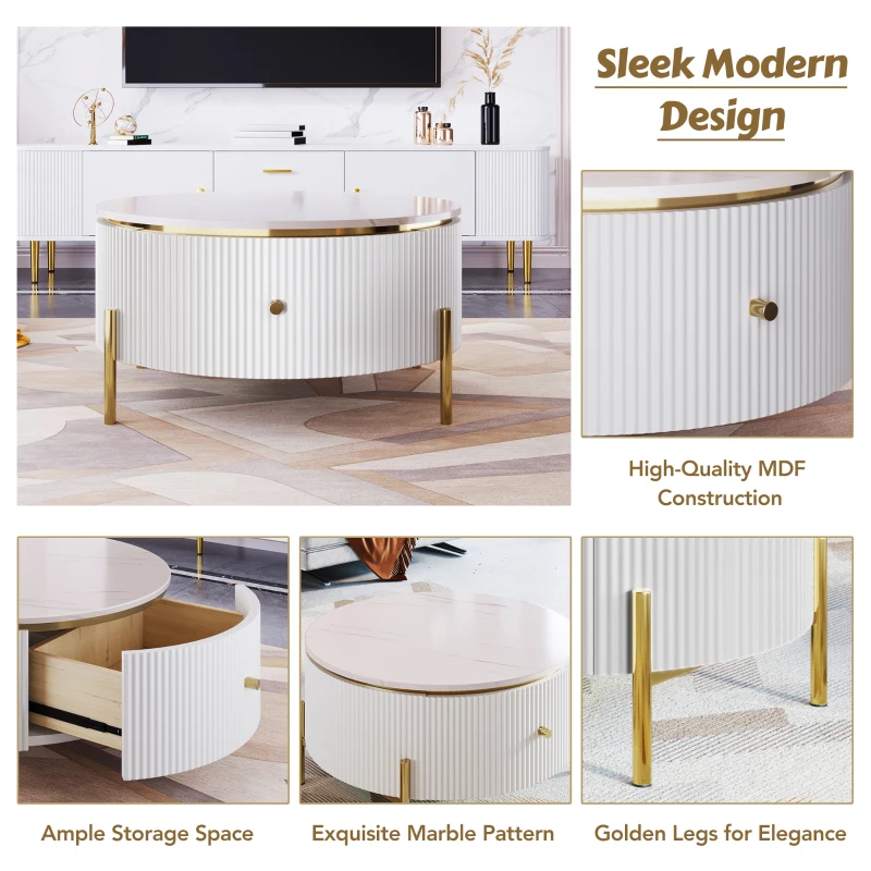 Modern Round Coffee Table with 2 Large Drawers, MDF Construction and Gold Legs, Sleek Modern Design, 31.5" L x 31.5" W x 17" H, White+Gold