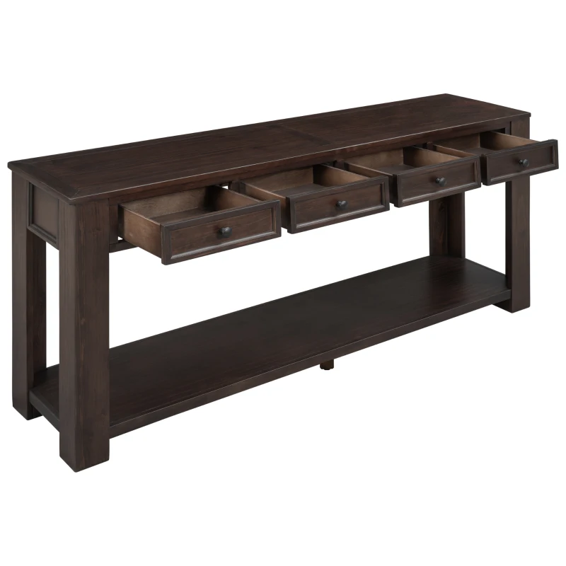 Rustic Chic Console Table with 4 Storage Drawers, Bottom Shelf, Solid Wood Frame, All Tools Included, 63" L x 14" W x 30" H, Dark Brown