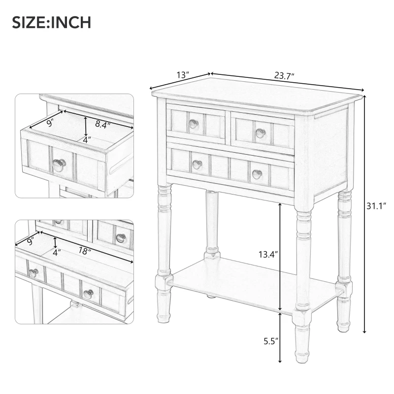 Elegant Narrow Console Table with Storage Drawers, Bottom Shelf, Tapered Legs, Round Knobs, Solid Wood Frame, 24" L x 13" W x 31" H, Navy
