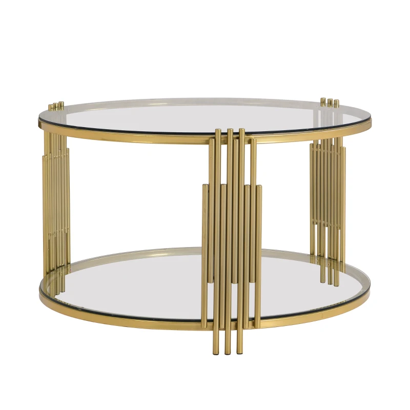 Modern Glass Coffee Table with Asymmetrical Metal Design, Circular Drum Base, Sofa Table with Lower Shelf, 31.5" L x 31.5" W x 20" H, Gold