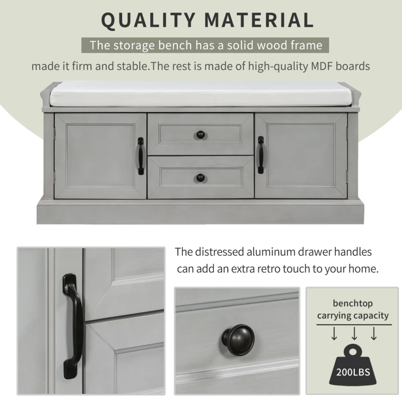 Storage Bench with 4 Doors and Adjustable Shelves, Removable Cushion for Entryway, 43" L x 16" W x 17.5" H, Gray